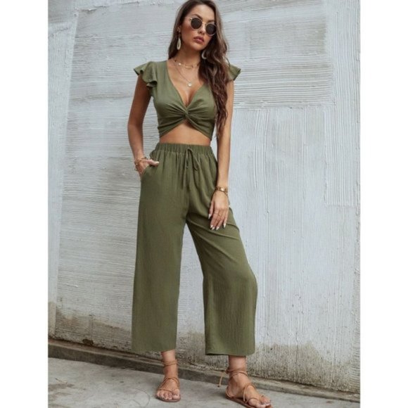 Ruffle Trim Twist Top With Pants - Picture 5 of 6